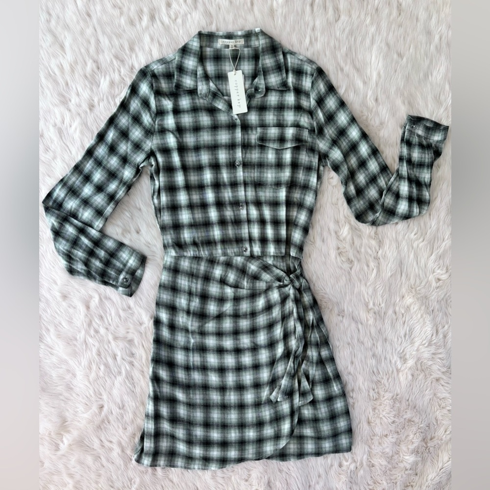 Copper Key Wrap Dress Plaid Green Cotton Blend Shirt Dress